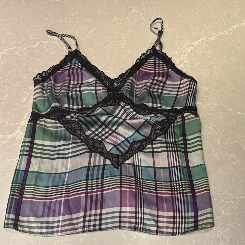Zara TRF Black Lace Trim Plaid Top